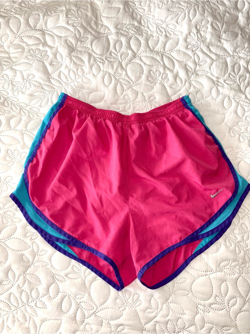 Nike Pink Athletic Running Shorts with Blue and Purple Trim